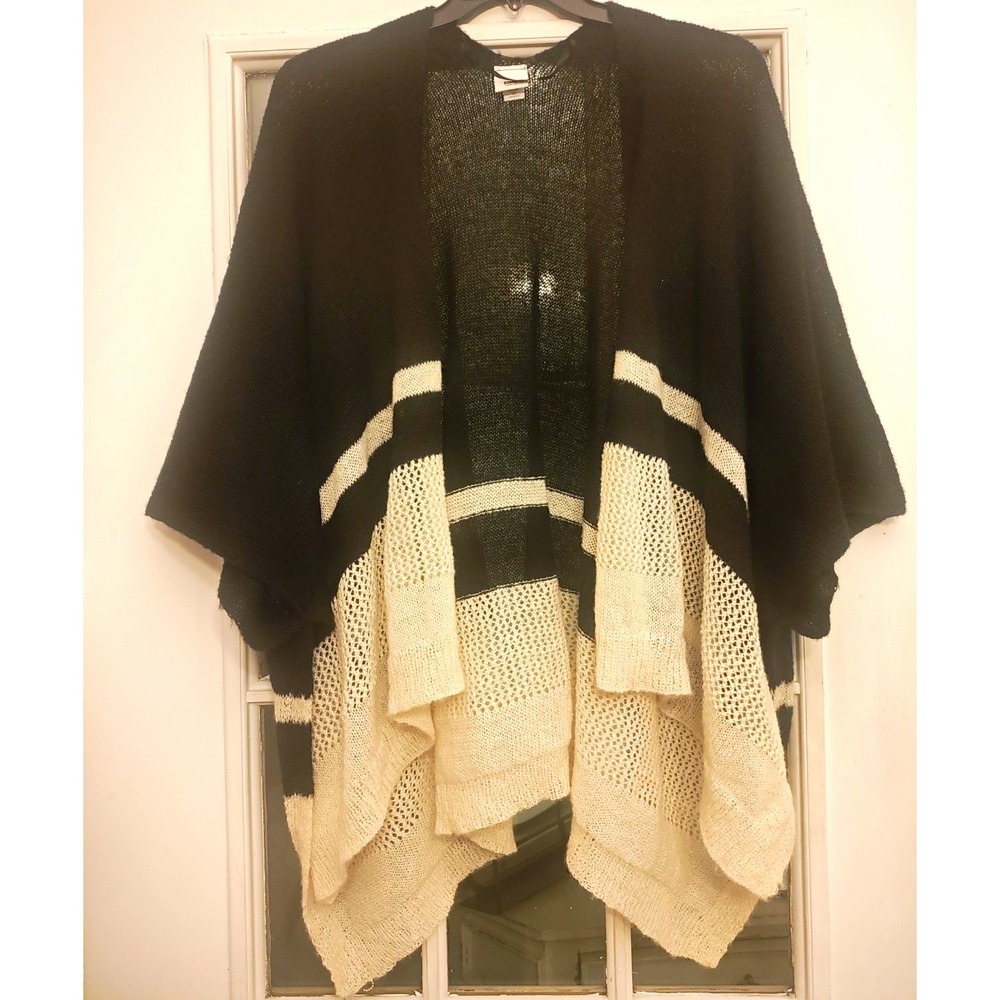Sonoma Goods For Life One Size Poncho Cardigan Black Ivory Open Knit Boho